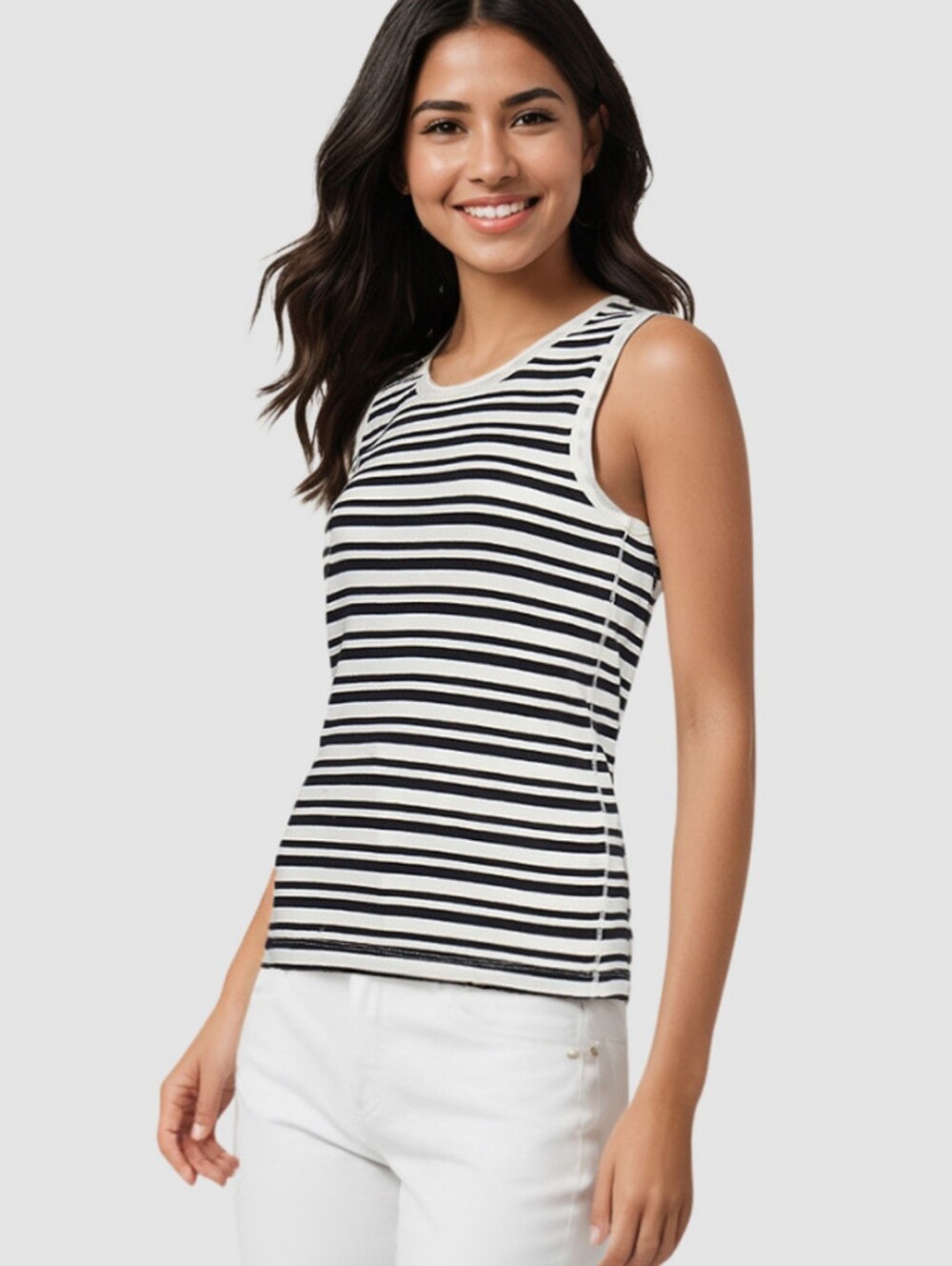 Three Dots Black & Cream Striped Crew Neck Tank Top Size L NWT